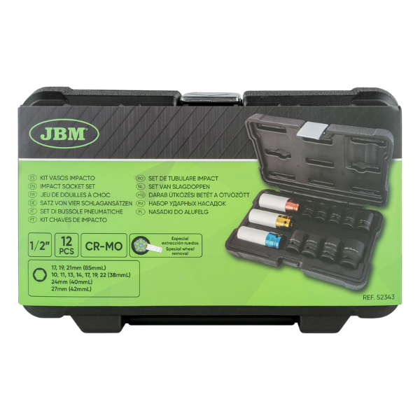 JBM jeu de 12 douilles à choc de 1/2" 6 pans spécial extraction roue