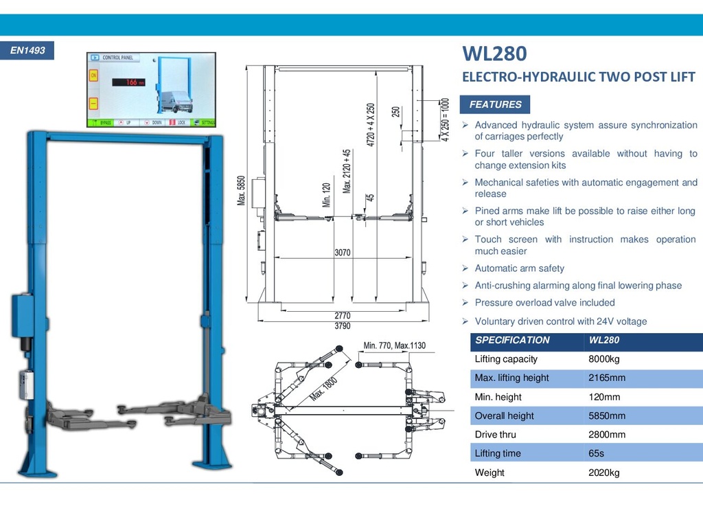 Wolf WL280 – Pont élévateur 2 colonnes, capacité 8 000 kg